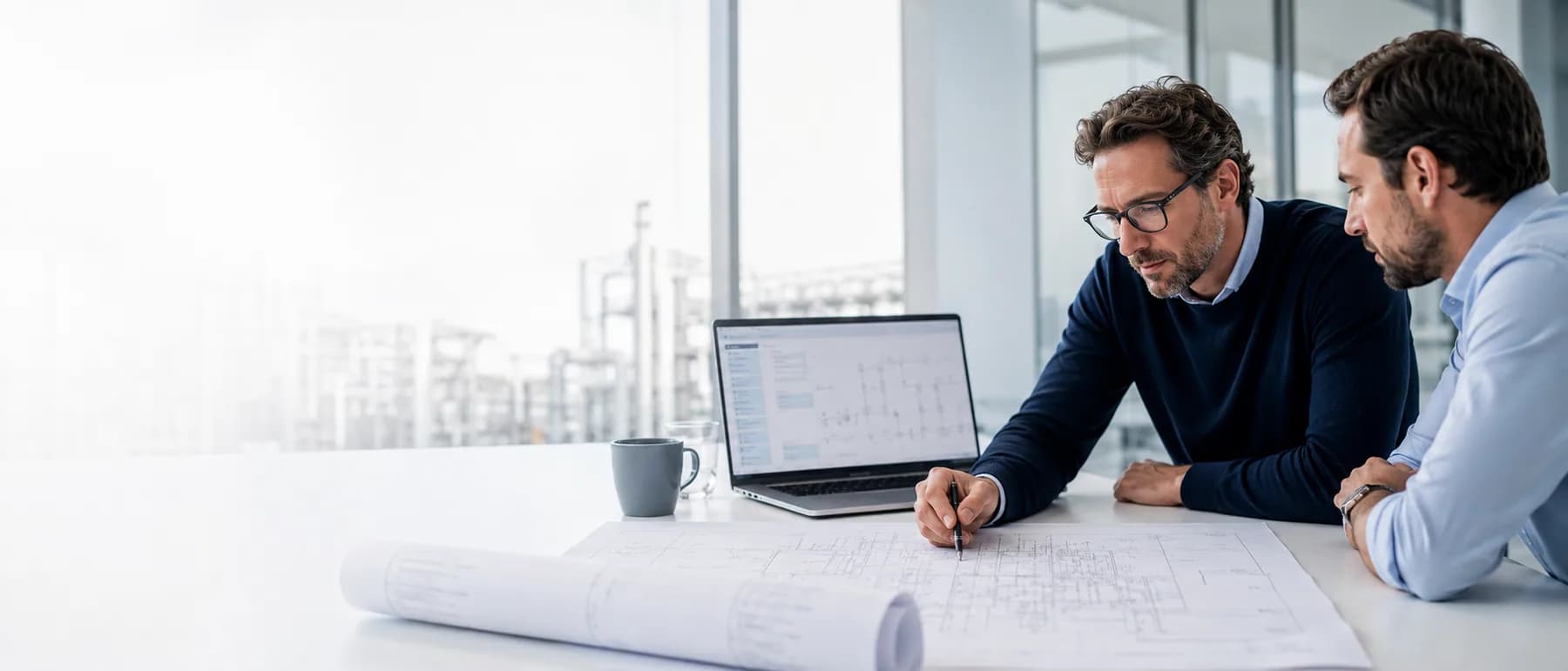 Ingenieure prüfen ein R&I-Schema mit digitaler Softwareunterstützung in einem technischen Review-Kontext