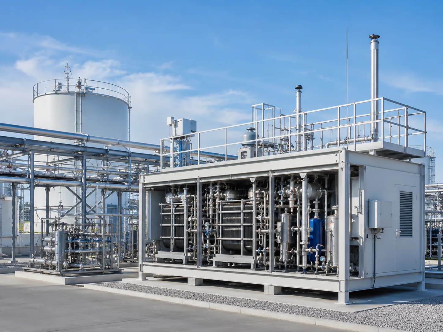 Moderne Wasserstoff- und Power-to-X-Anlage mit Prozessmodulen und Rohrleitungen