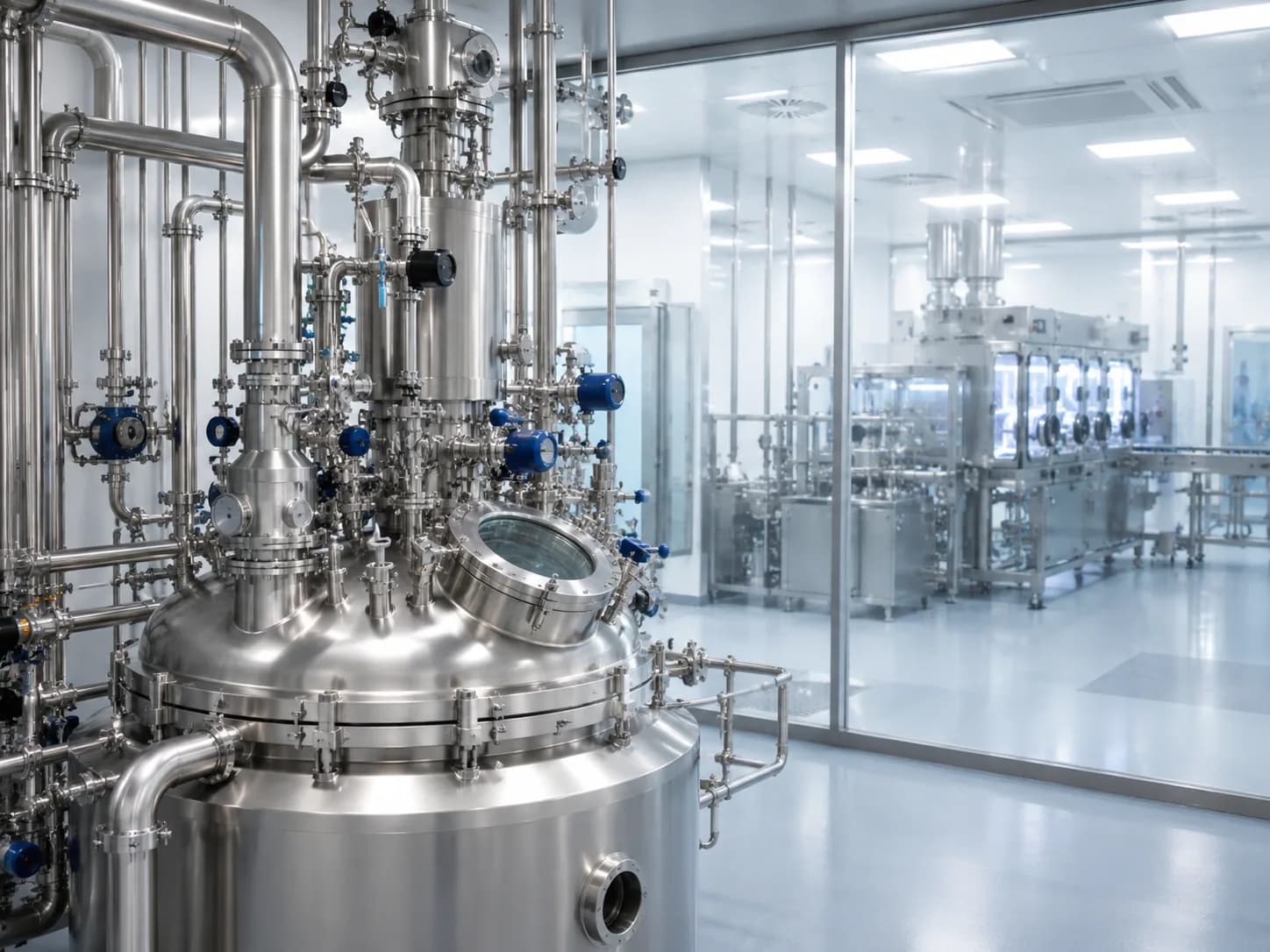Sterile Pharma-Prozessumgebung mit Edelstahlleitungen und Reinraumtechnik