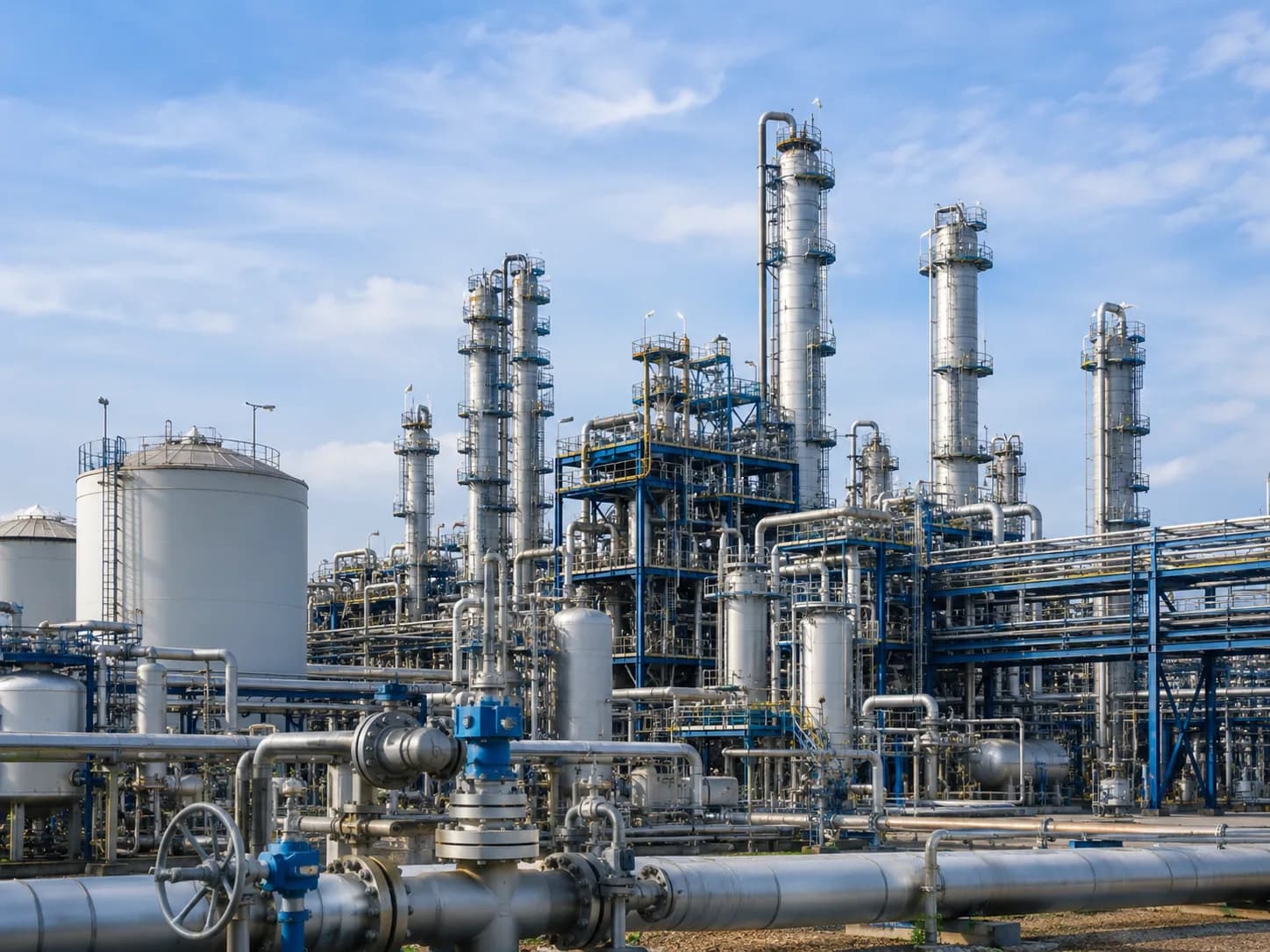 Raffinerie- und petrochemische Prozessanlage mit Kolonnen, Tanks und Rohrbrücken
