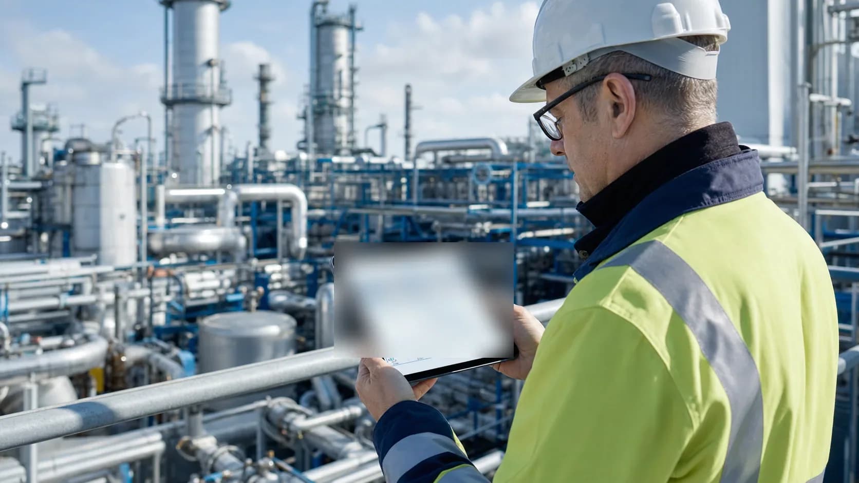 Ingenieur prüft technische Anlageninformationen im Anlagenumfeld