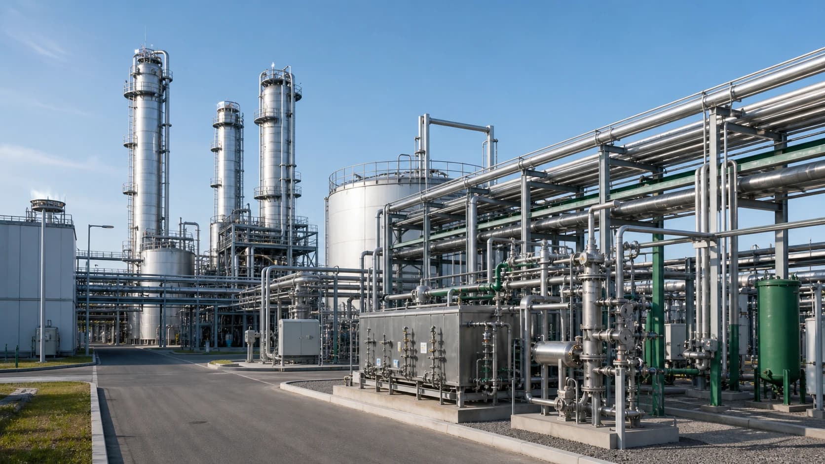 Europäische Prozessanlage mit Rohrbrücken, Kolonnen, Tanks und Utility-Infrastruktur