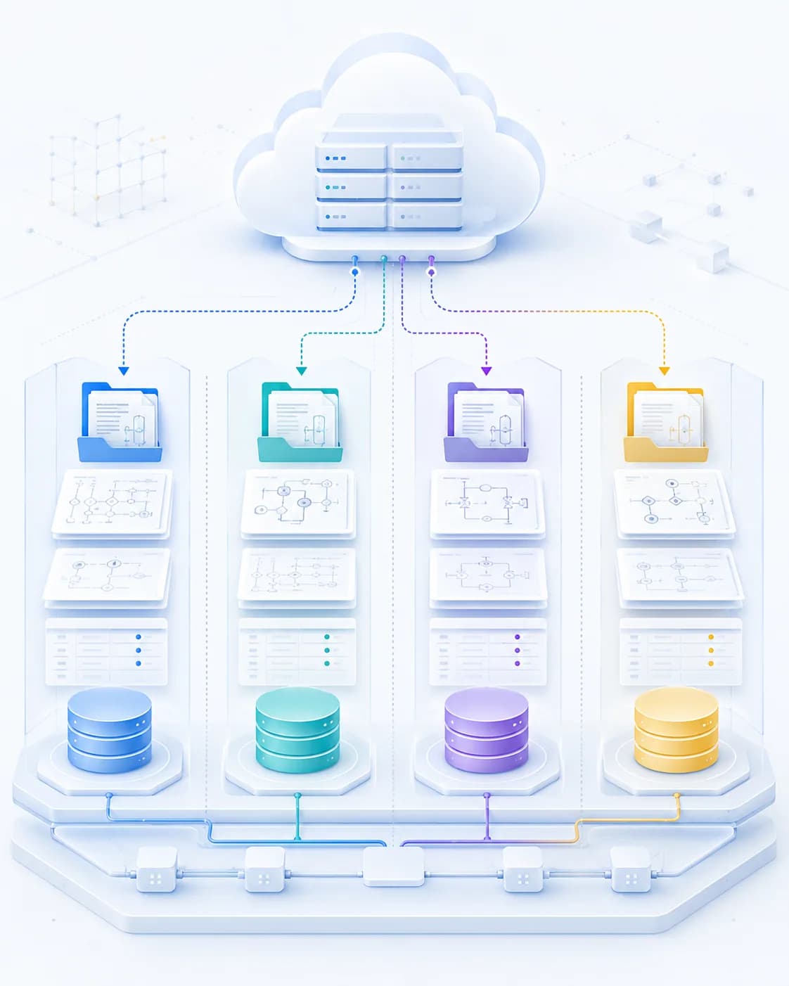 Abstrakte Darstellung von Cloud-Datenhaltung, Mandantentrennung und geschützten Engineering-Daten