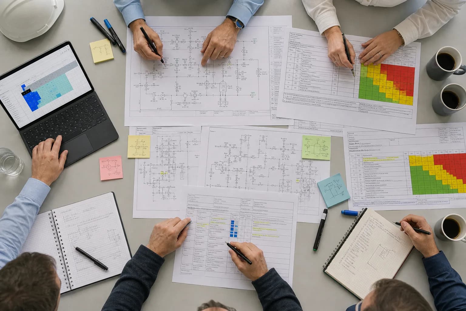 Draufsicht auf einen HAZOP-Workshop-Tisch mit R&I-Schemata, HAZOP-Tabellen, Risikomatrix, Notizen und Laptop