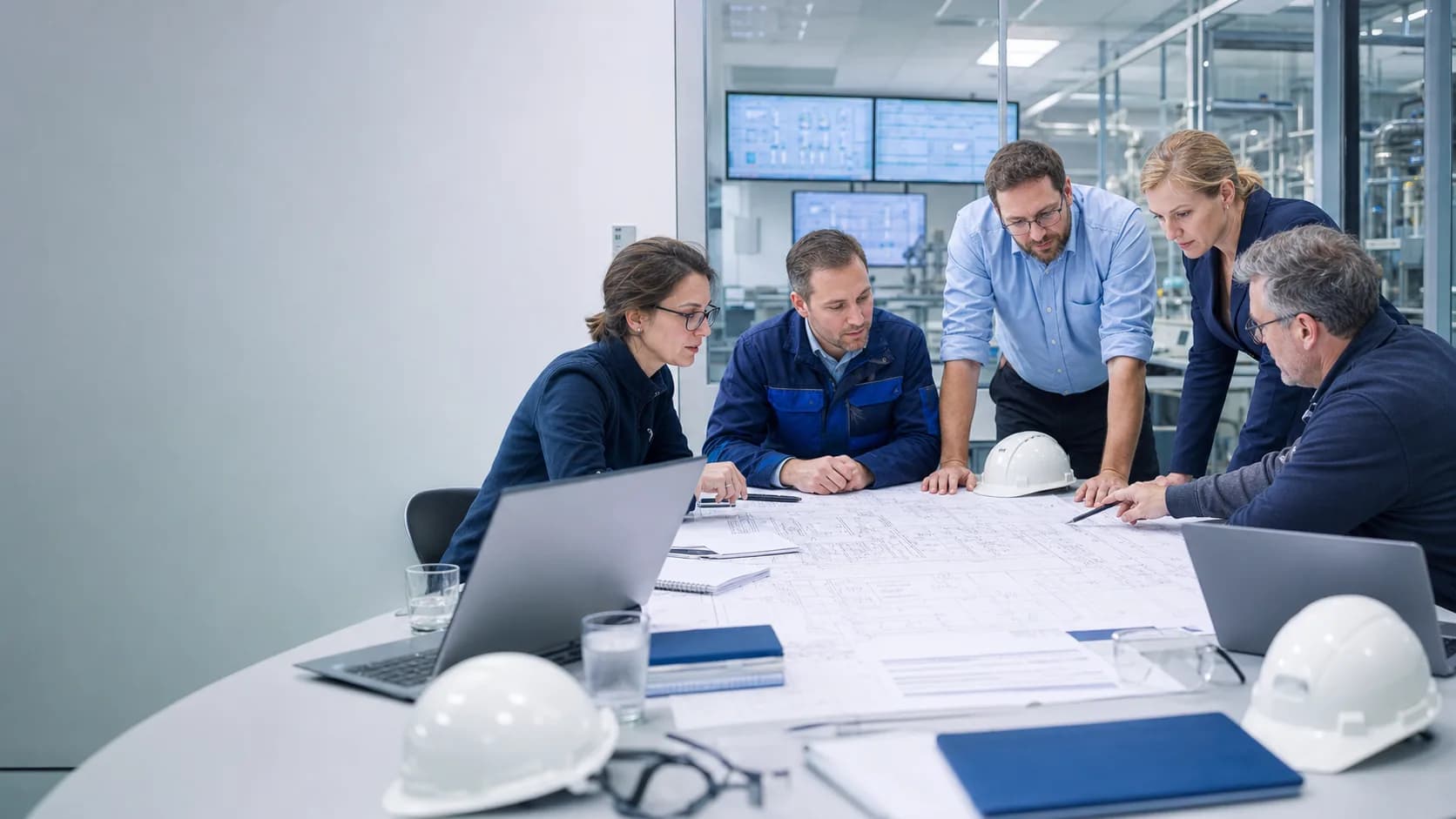 HAZOP-Team bespricht ein R&I-Schema an einem Workshop-Tisch